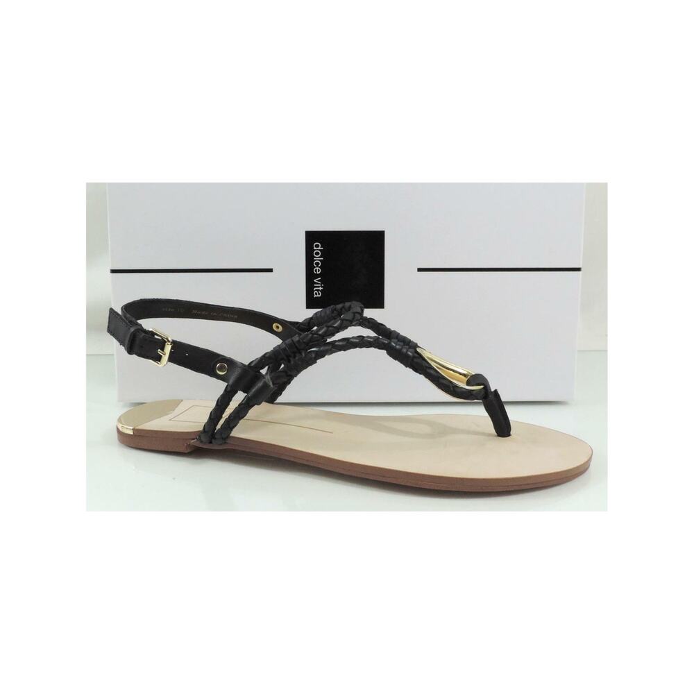 Dolce Vita Dixin Flat Thong T-Strap Sandals Leather Black Size 6